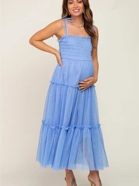 Pink Blush Light Blue Tiered Tulle Maternity Dress